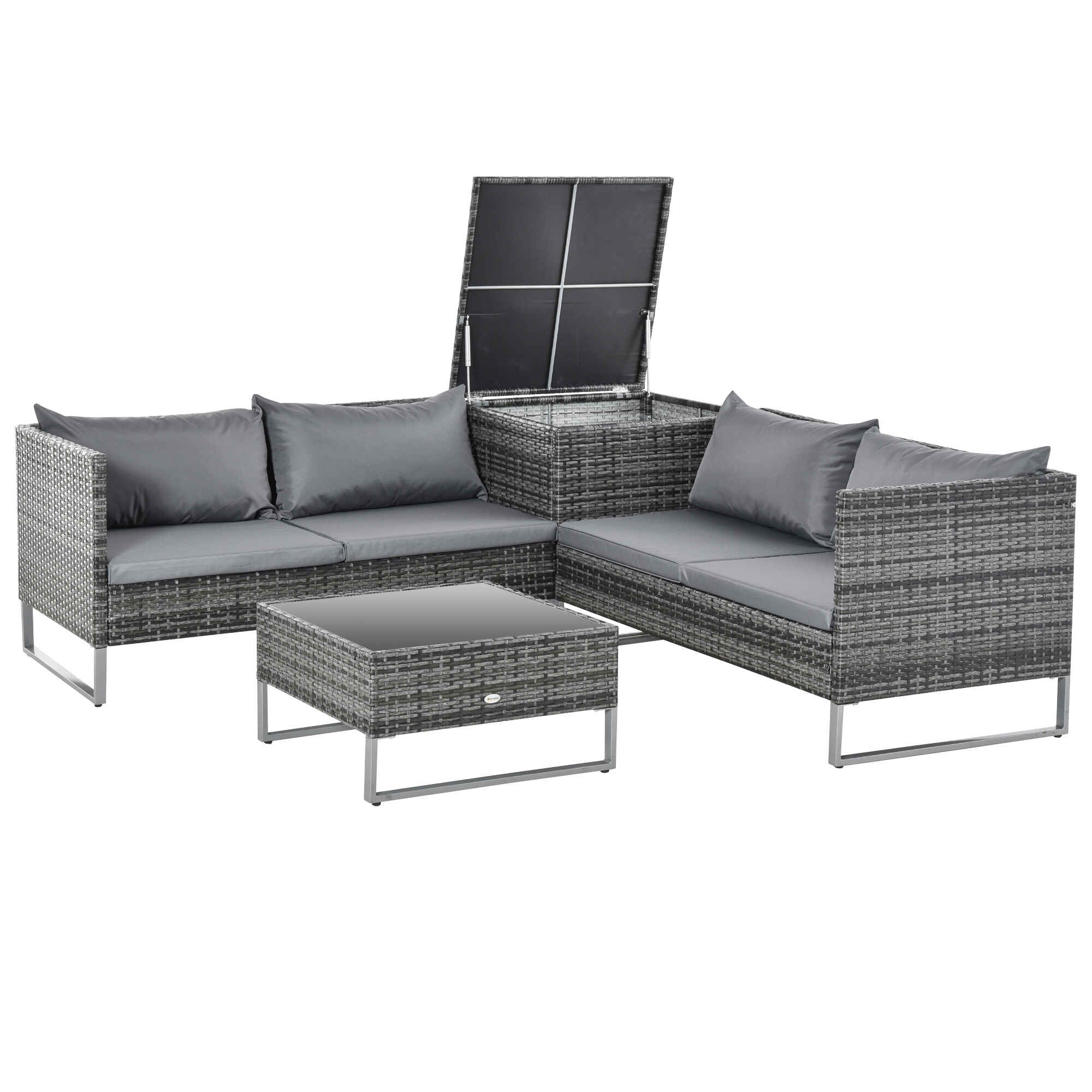 Conjunto de 4 Muebles de Jardín de Ratán con 2 Sofás Dobles Mesa Central Mesa con Arcón Cojines Extraíbles para Terraza Exterior 132x69x64 cm Gris