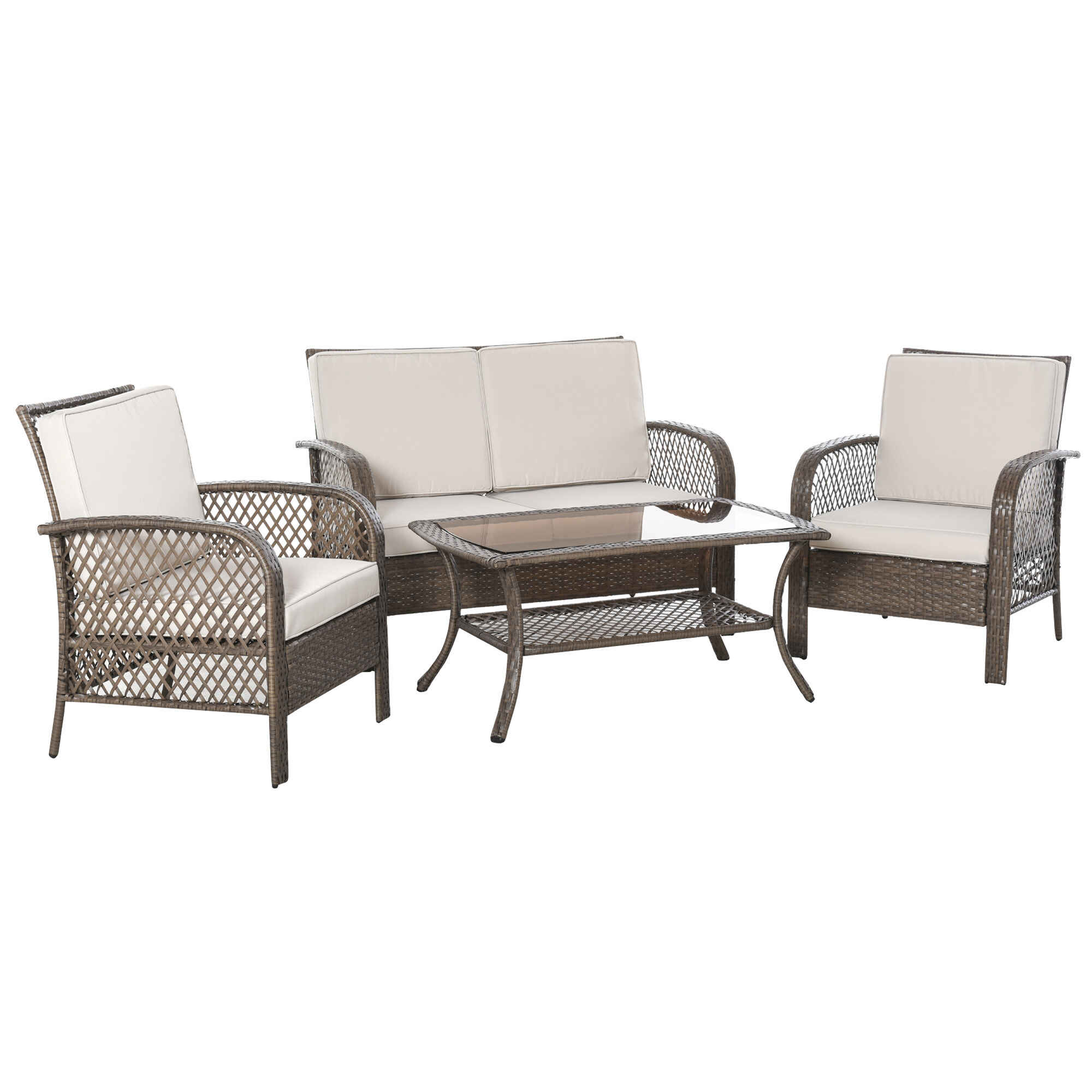 Conjunto de 4 Muebles de Jardín de Ratán PE Sillón Sofá Doble y Mesa de Café con Cojines Lavable para Exterior Terraza Patio Marrón y Caqui