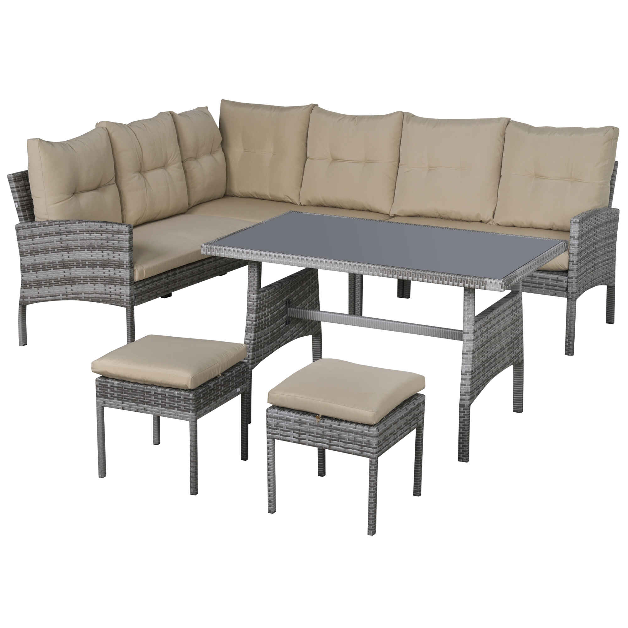 Conjunto de Muebles de Ratán 6 Piezas de Jardín Juego de Sofás de 2 Plazas Taburete y Mesa de Comedor con Cojines Acolchados Patio Terraza Balcón Gris y Caqui