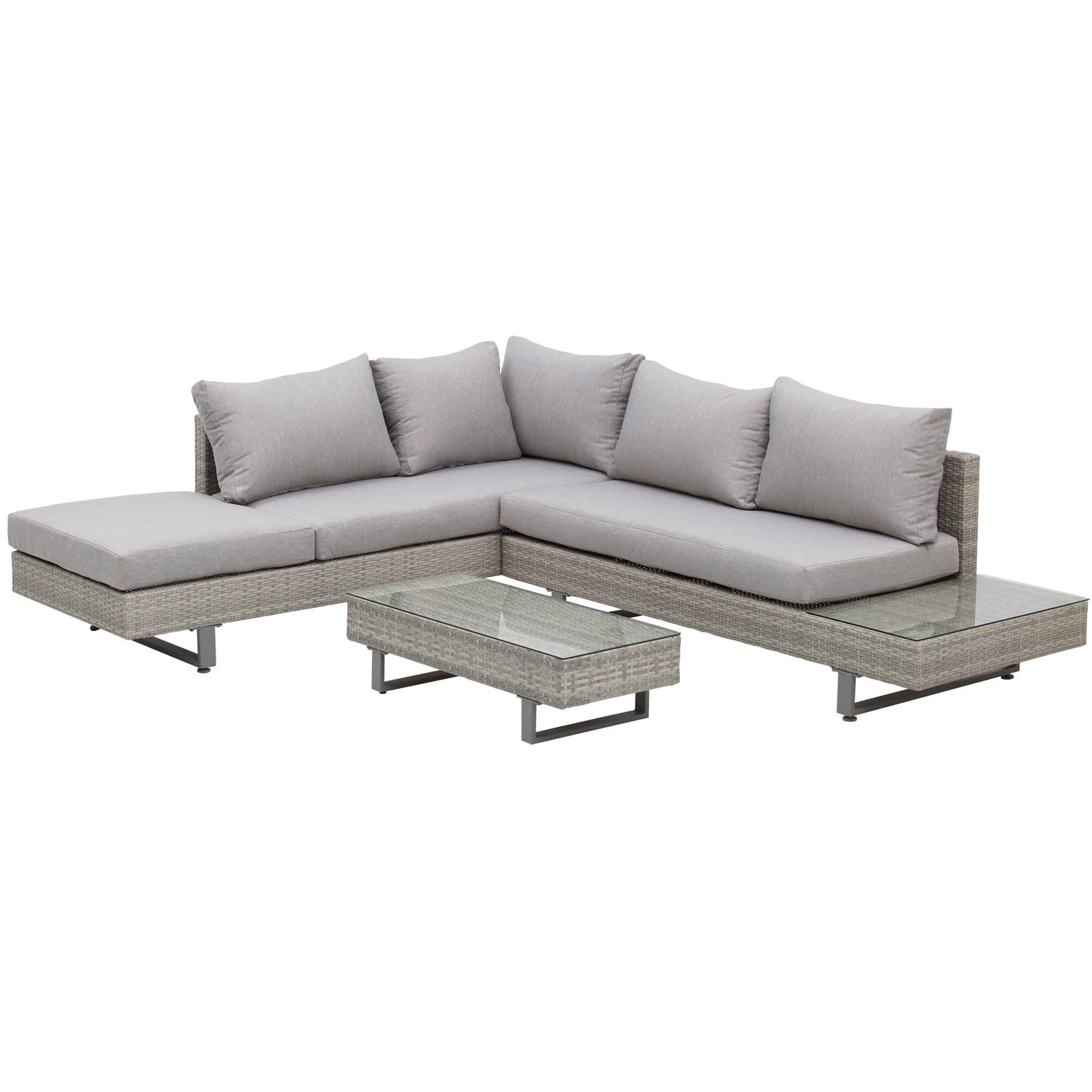 Conjunto de Muebles Ratán de 3 Piezas Mesa de Centro Sofá Doble y Sofá de 3 Plazas con Cojines Extraíbles para Exterior Jardín Terraza Patio Acero Gris
