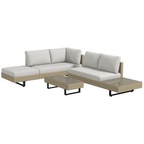 Conjunto de Muebles Ratán de 3 Piezas Mesa de Centro Sofá Doble y Sofá de 3 Plazas con Cojines Extraíbles para Exterior Jardín Terraza Patio Acero Beige
