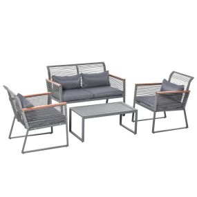 Conjunto de Muebles de Jardín de 4 Piezas Ratán con 1 Mesa de Café 1 Sofá Doble y 2 Sillas Individuales Cojines Acolchados para Patio Terraza Gris