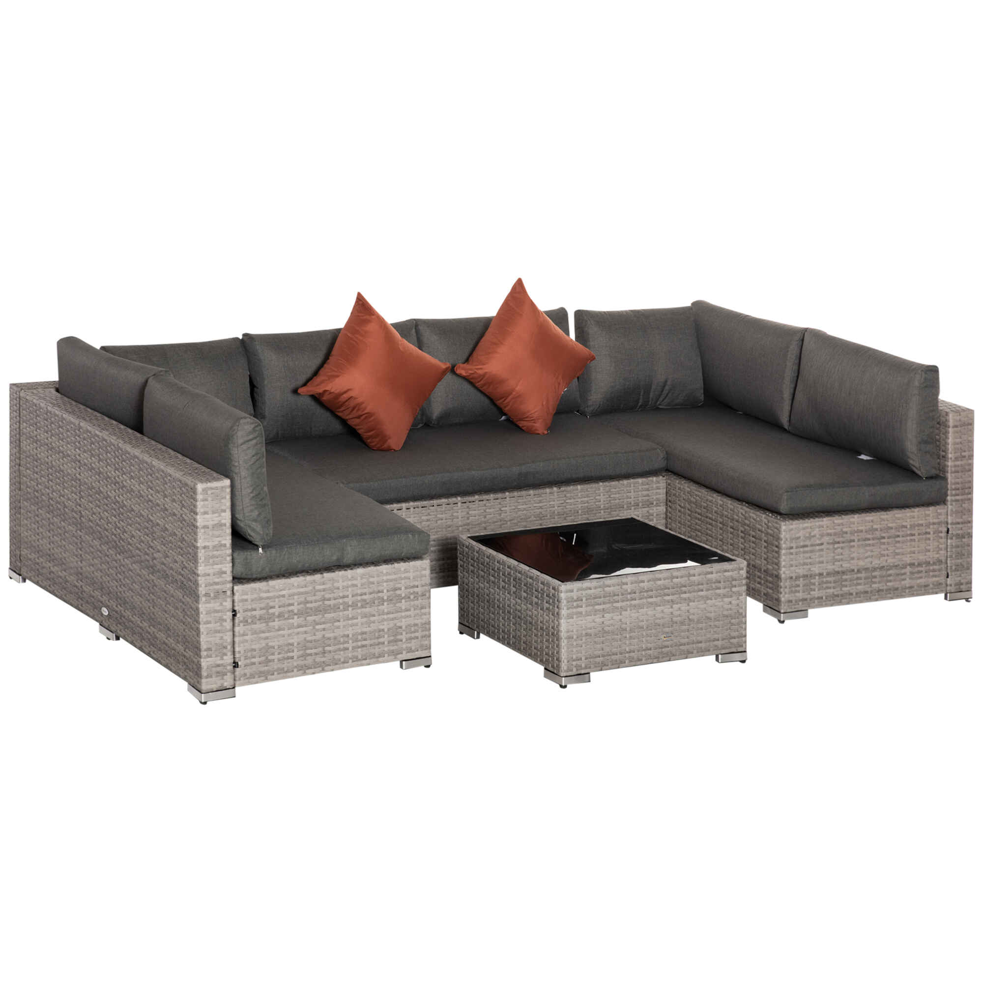 Conjunto de Muebles de Jardín de Ratán 4 Piezas Mesa de Centro de Vidrio Sofá Doble y 2 Sofás Esquineros con Cojines Desenfundables para Terraza Exterior Gris