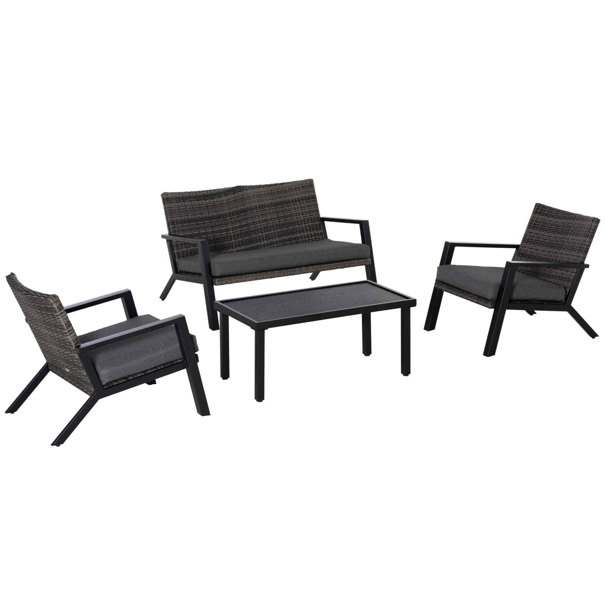 Conjunto de Muebles de Jardín de Ratán 4 Piezas Juego de Muebles de Exterior con Sofá de 2 Plazos Sofás Individuales y Mesa de Centro para Terraza Patio Negro