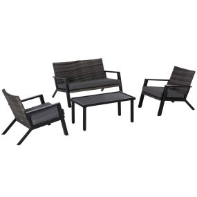 Conjunto de Muebles de Jardín de Ratán 4 Piezas Juego de Muebles de Exterior con Sofá de 2 Plazos Sofás Individuales y Mesa de Centro para Terraza Patio Negro