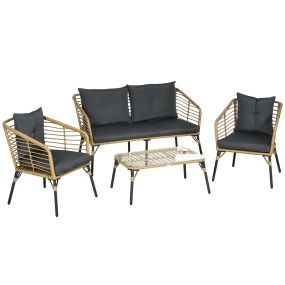 Conjunto de Muebles de Ratán para 4 Personas Muebles de Jardín 4 Piezas con Sofá de 2 Plazos 2 Sillones Mesa de Centro y 4 Cojines para Terraza Patio Arena