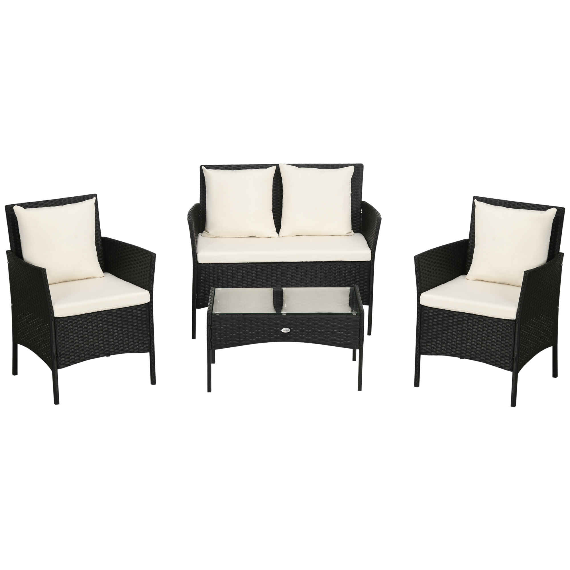 Conjunto de Jardín de Ratán Sintético Juego de 4 Piezas Muebles de Jardín con 2 Sillones 1 Sofá de 2 Plazas 1 Mesa de Centro con Tablero de Vidrio y Cojines Negro y Crema