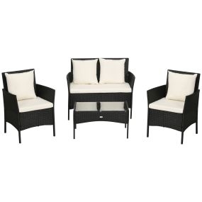 Conjunto de Jardín de Ratán Sintético Juego de 4 Piezas Muebles de Jardín con 2 Sillones 1 Sofá de 2 Plazas 1 Mesa de Centro con Tablero de Vidrio y Cojines Negro y Crema