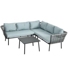Conjunto de Muebles de Ratán 4 Piezas con Marco de Aluminio Set de Muebles de Jardín 2 Sofá de 2 Plazas Sofá de Esquina Mesa de Centro con 6 Cojines Acolchados para Exterior Patio Gris