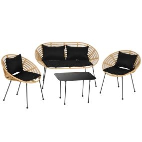 Conjunto de Jardín Exterior de Ratán Sintético de 4 Piezas Muebles de Jardín Exterior Incluye 1 Sofá Doble 2 Sillones y Mesa de Vidrio con Cojines Natural y Negro