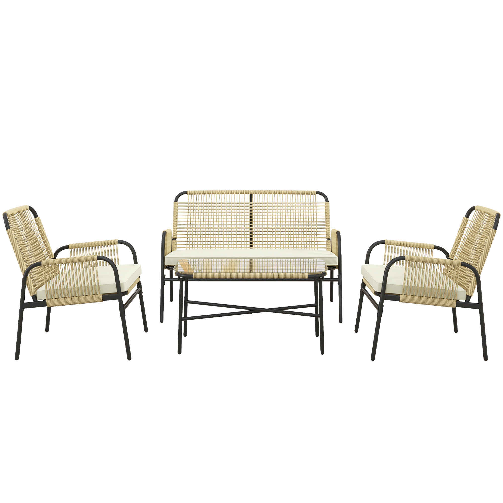 Conjunto de Jardín de Ratán Sintético Juego de 4 Piezas Muebles de Jardín con 2 Sillones 1 Sofá Doble 1 Mesa de Centro con Tablero de Vidrio y Cojines para Exterior Natural y Negro