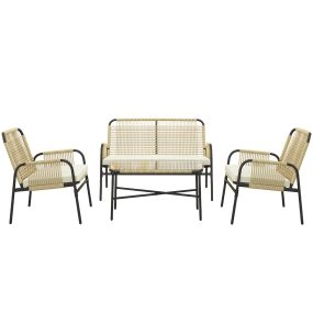 Conjunto de Jardín de Ratán Sintético Juego de 4 Piezas Muebles de Jardín con 2 Sillones 1 Sofá Doble 1 Mesa de Centro con Tablero de Vidrio y Cojines para Exterior Natural y Negro
