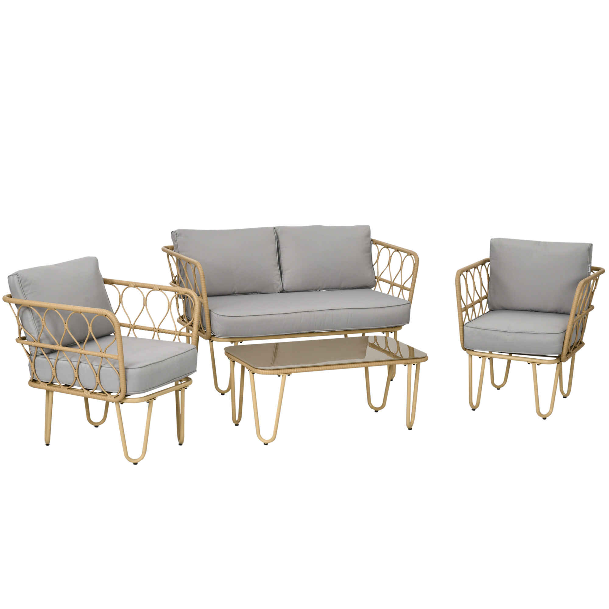 Conjunto de Jardín de Ratán Sintético Juego de 4 Piezas Muebles de Jardín con Sofá de 2 Plazas 2 Sillones y Mesa de Centro con Encimera de Cristal y Cojines Extraíbles Natural y Gris