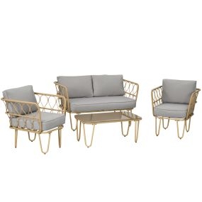 Conjunto de Jardín de Ratán Sintético Juego de 4 Piezas Muebles de Jardín con Sofá de 2 Plazas 2 Sillones y Mesa de Centro con Encimera de Cristal y Cojines Extraíbles Natural y Gris