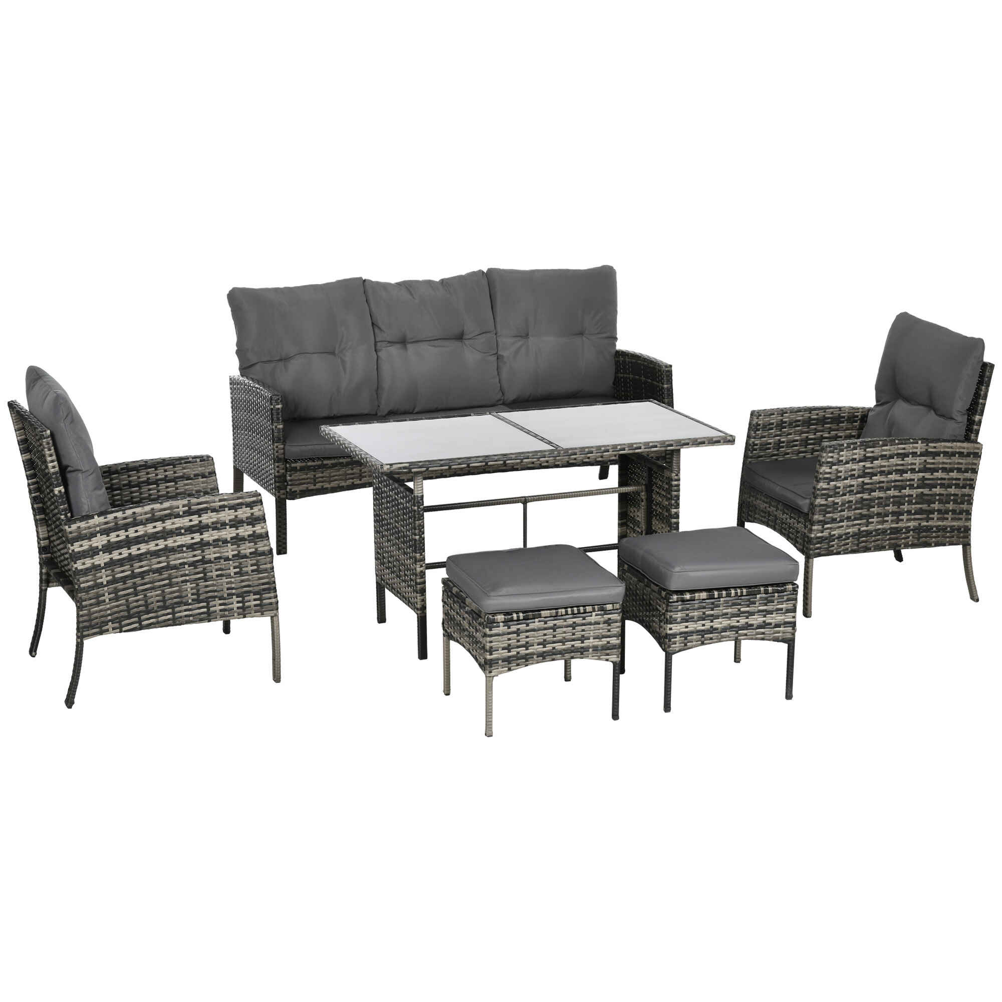 Conjunto de Muebles de Jardín Exterior de Ratán Juego de 6 Piezas Muebles de Terraza con Sofá de 3 Plazas Sillones Cojines Taburetes y Mesa de Centro para Patio Gris