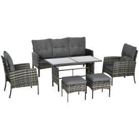 Conjunto de Muebles de Jardín Exterior de Ratán Juego de 6 Piezas Muebles de Terraza con Sofá de 3 Plazas Sillones Cojines Taburetes y Mesa de Centro para Patio Gris