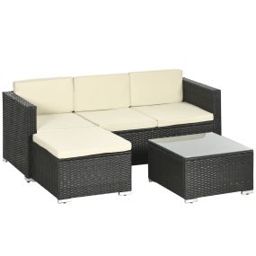 Conjunto de Muebles de Ratán de Jardín 3 Piezas Muebles de Ratán Exterior Sofá de 3 Plazas con Cojines Acolchados Mesa de Centro con Tablero de Vidrio Templado y Reposapiés Anti-UV Negro
