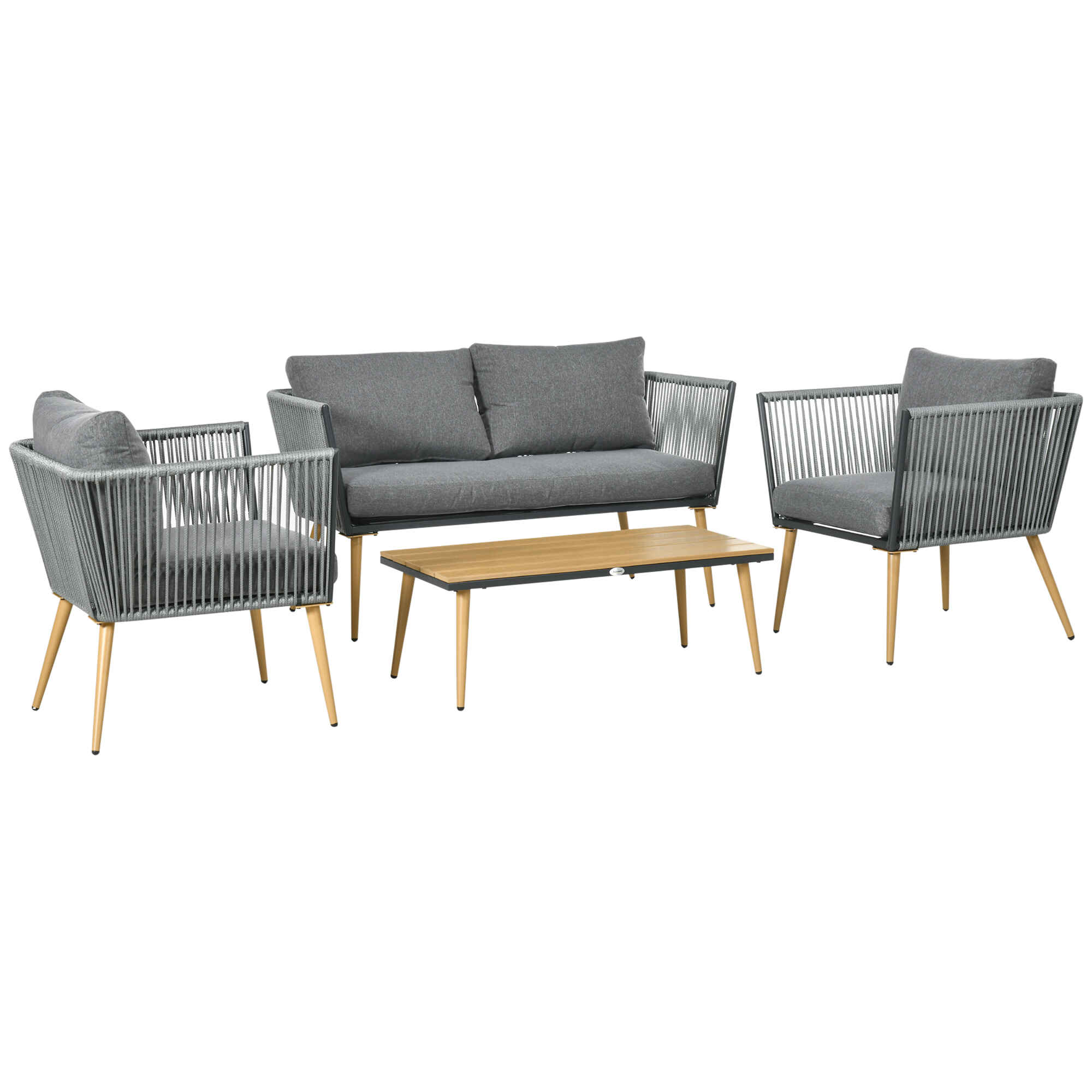 Juego de Muebles de Jardín de Ratán 4 Piezas Juego de Conversación Incluye Sofá de 2 Plazas 2 Sillones y Mesa de Centro de Tablero de Madera y Plástico Cojines Anti-UV para Terraza Patio Gris