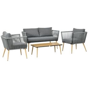 Juego de Muebles de Jardín de Ratán 4 Piezas Juego de Conversación Incluye Sofá de 2 Plazas 2 Sillones y Mesa de Centro de Tablero de Madera y Plástico Cojines Anti-UV para Terraza Patio Gris