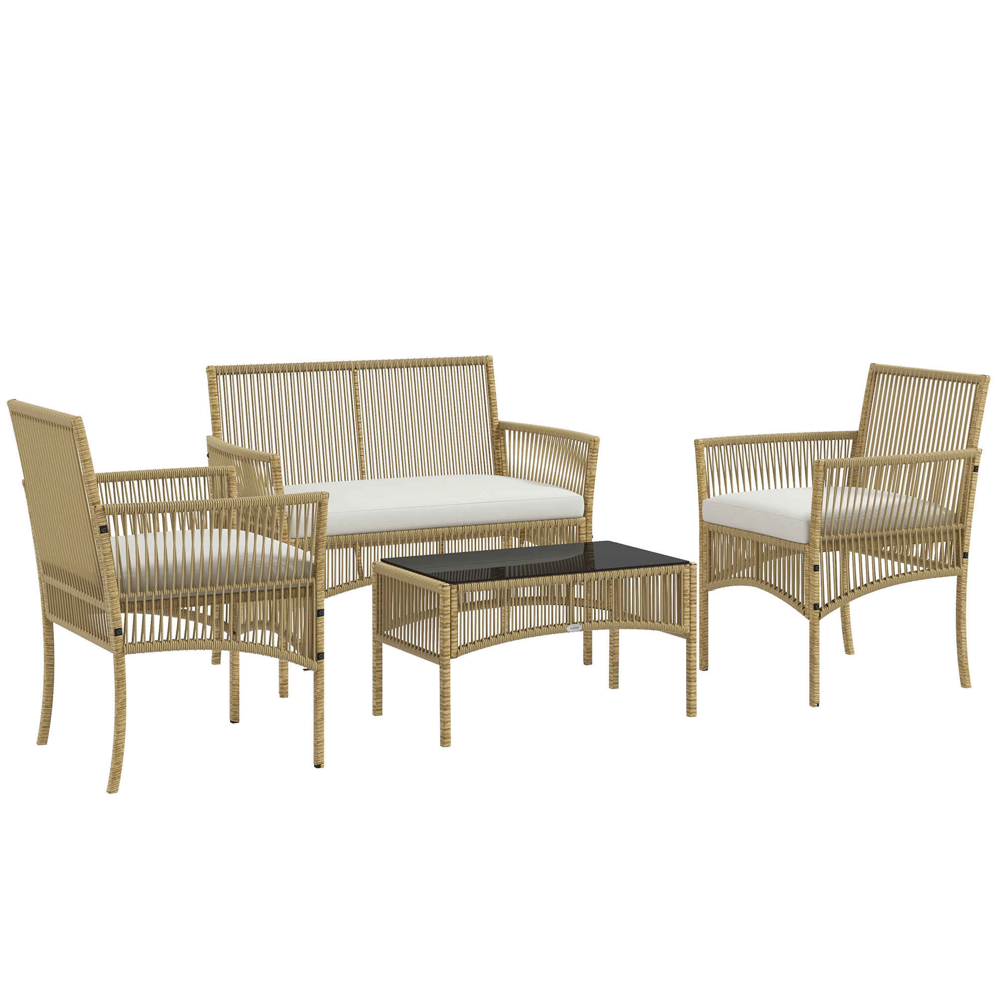 Conjunto de Muebles de Jardín de Ratán Juego de 4 Piezas Muebles de Terraza con 1 Sofá de 2 Plazas 2 Sillones Cojines y 1 Mesa de Centro de Tablero de Vidrio para Patio Natural y Beige