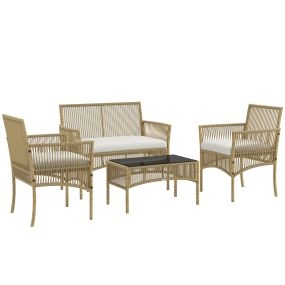 Conjunto de Muebles de Jardín de Ratán Juego de 4 Piezas Muebles de Terraza con 1 Sofá de 2 Plazas 2 Sillones Cojines y 1 Mesa de Centro de Tablero de Vidrio para Patio Natural y Beige