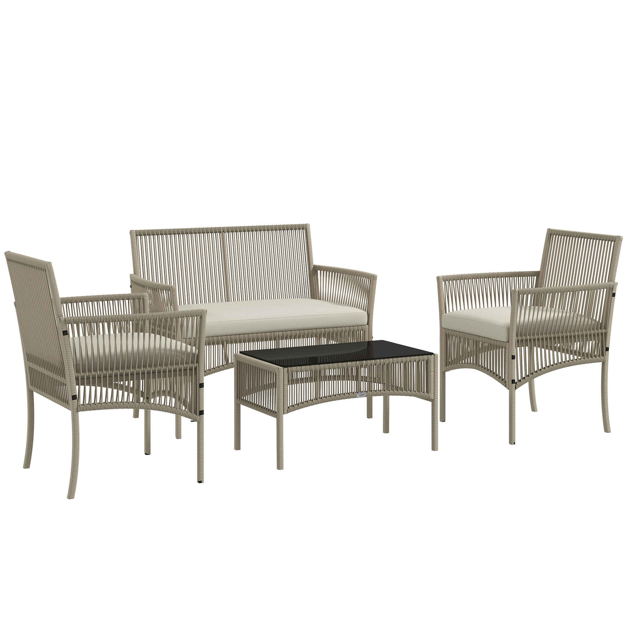 Conjunto de Muebles de Jardín de Ratán Juego de 4 Piezas Muebles de Terraza con 1 Sofá de 2 Plazas 2 Sillones Cojines y 1 Mesa de Centro de Tablero de Vidrio para Patio Caqui