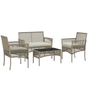 Conjunto de Muebles de Jardín de Ratán Juego de 4 Piezas Muebles de Terraza con 1 Sofá de 2 Plazas 2 Sillones Cojines y 1 Mesa de Centro de Tablero de Vidrio para Patio Caqui