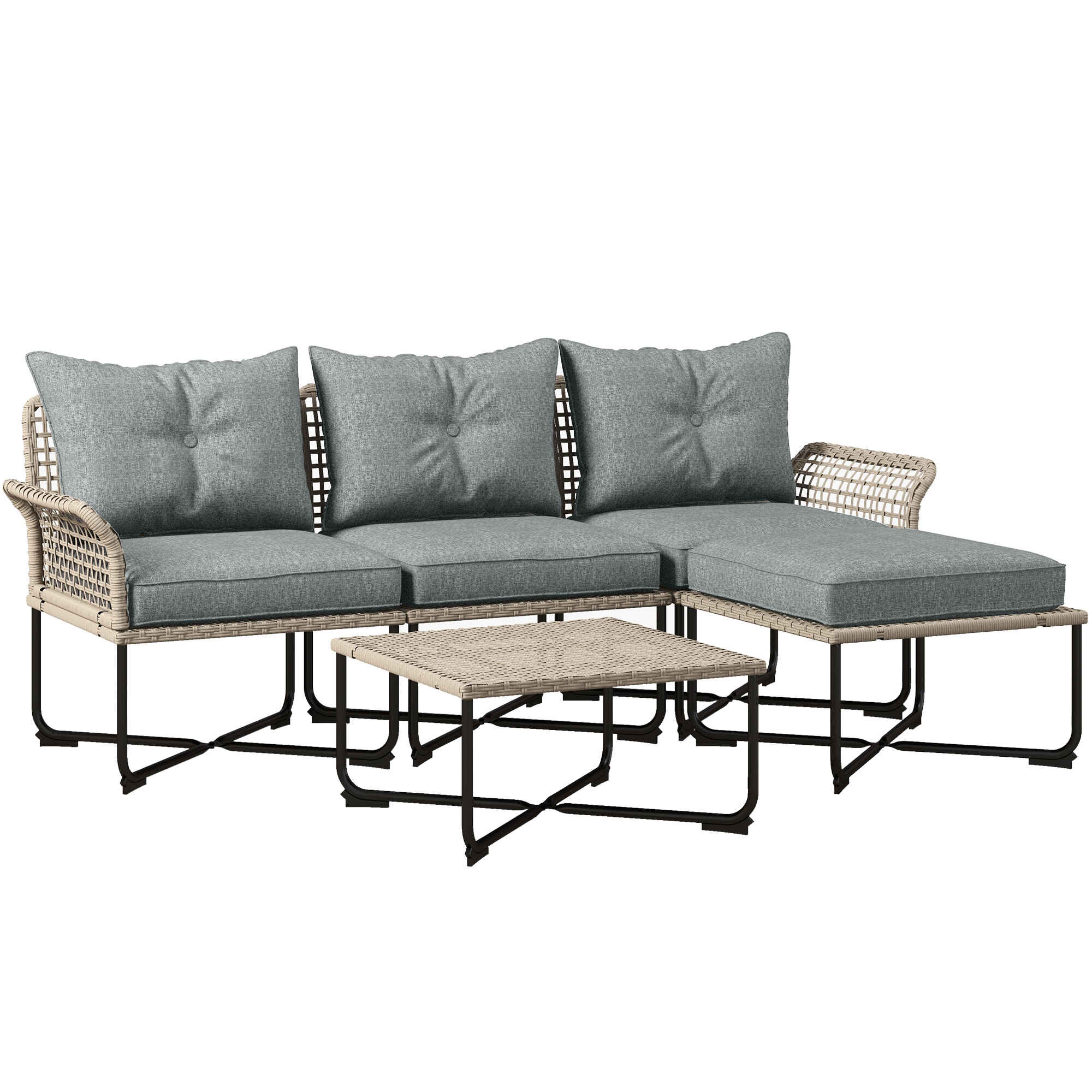 Conjunto de Jardín Exterior de Ratán Sintético de 5 Piezas Muebles de Jardín Exterior Incluye 2 Sofás Esquineras 1 Sofá de Exterior 1 Taburete 1 Mesa de Centro con Cojines Gris