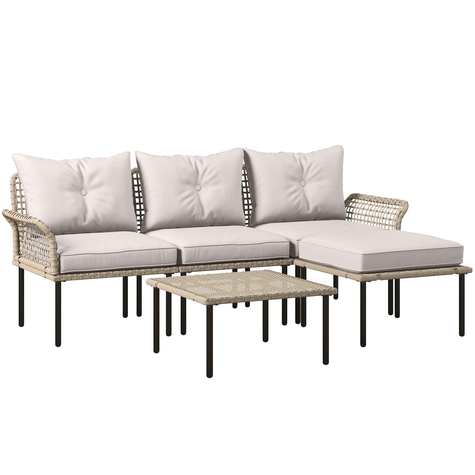 Conjunto de Jardín Exterior de Ratán Sintético de 5 Piezas Muebles de Jardín Exterior Incluye 2 Sofás Esquineras 1 Sofá de Exterior 1 Taburete 1 Mesa de Centro con Cojines Crema