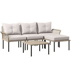 Conjunto de Jardín Exterior de Ratán Sintético de 5 Piezas Muebles de Jardín Exterior Incluye 2 Sofás Esquineras 1 Sofá de Exterior 1 Taburete 1 Mesa de Centro con Cojines Crema