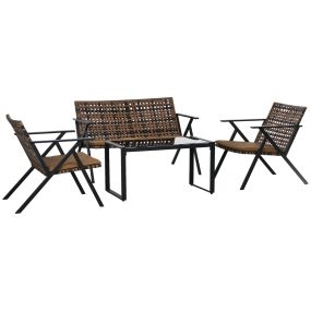 Conjunto de Jardín de Ratán Sintético Juego de 4 Piezas Muebles de Jardín con 2 Sofás Individuales 1 Sofá de 2 Plazas y 1 Mesa de Vidrio Templado Anti-UV para Terraza Patio Marrón y Negro