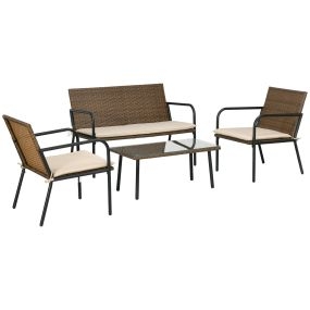 Conjunto de Jardín de Ratán Sintético Juego de 4 Piezas Muebles de Jardín con 2 Sofás Individuales 1 Sofá de 2 Plazas y 1 Mesa de Vidrio Templado Anti-UV para Terraza Patio Multicolor