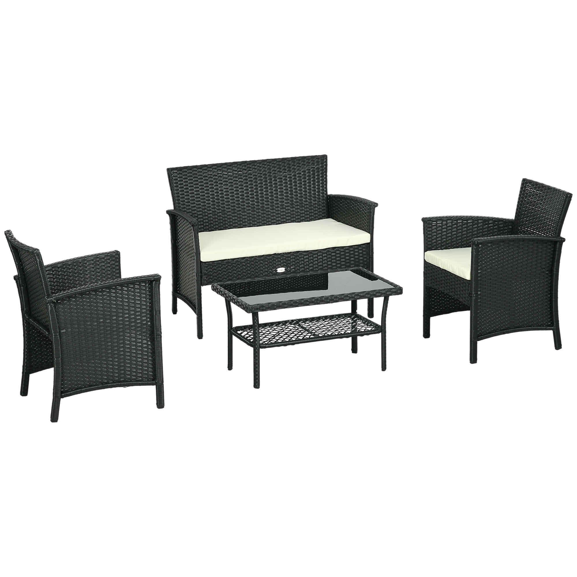 Conjunto de Jardín de Ratán Sintético Juego de 4 Piezas Muebles de Jardín con 2 Sillones 1 Sofá Doble 1 Mesa de Centro con Tablero de Vidrio y Cojines Anti-UV Negro y Crema