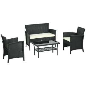 Conjunto de Jardín de Ratán Sintético Juego de 4 Piezas Muebles de Jardín con 2 Sillones 1 Sofá Doble 1 Mesa de Centro con Tablero de Vidrio y Cojines Anti-UV Negro y Crema