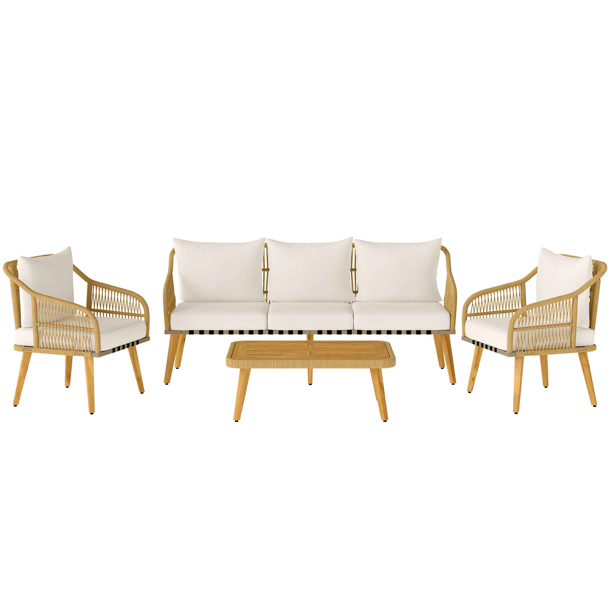 Conjunto Jardín Exterior de Ratán con Cojines Conjunto Terraza Resistente a la Intemperie Muebles Jardín Exterior con 2 Sillones Sofá de 3 Plazas Mesa Patas de Madera de Acacia Natural