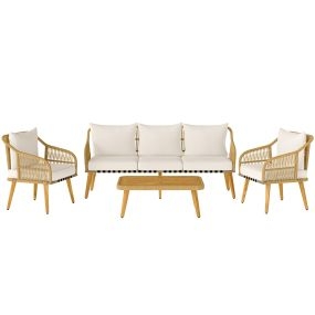 Conjunto Jardín Exterior de Ratán con Cojines Conjunto Terraza Resistente a la Intemperie Muebles Jardín Exterior con 2 Sillones Sofá de 3 Plazas Mesa Patas de Madera de Acacia Natural