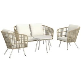 Conjunto de Jardín Exterior de Ratán Sintético de 4 Piezas Muebles de Jardín Exterior con Sofá de 2 Plazas 2 Sillones 1 Mesa de Centro de Metal con Cojines Crema y Natural