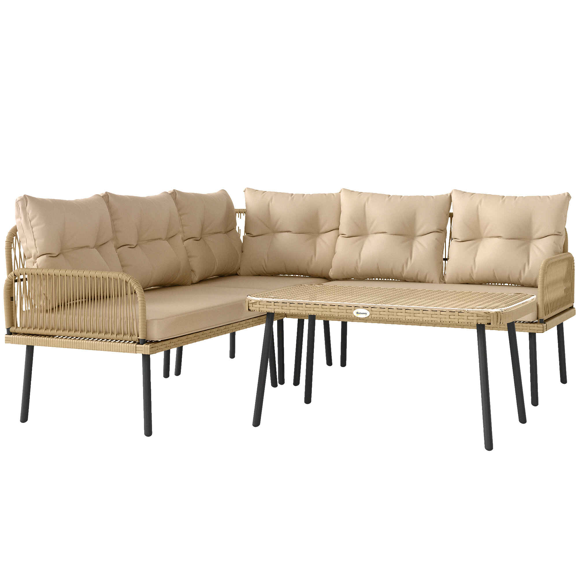 Conjunto de Jardín Exterior de Ratán Sintético de 4 Piezas Muebles de Jardín Exterior en Forma de L Incluye 2 Sofás de 2 Plazas 1 Sillón Esquinero 1 Mesa de Centro con Cojines Natural