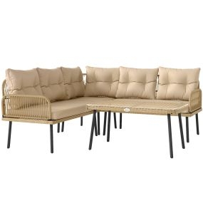 Conjunto de Jardín Exterior de Ratán Sintético de 4 Piezas Muebles de Jardín Exterior en Forma de L Incluye 2 Sofás de 2 Plazas 1 Sillón Esquinero 1 Mesa de Centro con Cojines Natural