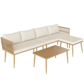 Conjunto de Jardín Exterior de Ratán Sintético de 4 Piezas Muebles de Jardín Exterior Sofá Esquinero Incluye 2 Sofás de 2 Plazas 1 Reposapiés 1 Mesa de Centro con Cojines Natural