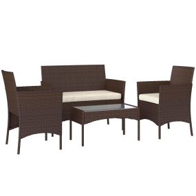 Conjunto Jardín Exterior de Ratán con Cojines Conjunto Terraza Resistente a la Intemperie Muebles Jardín Exterior con 2 Sillones Sofá de 2 Plazas Mesa con Cristal Marrón