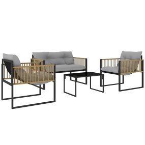 Conjunto de Jardín Exterior de Ratán Sintético de 4 Piezas Muebles de Jardín Exterior Incluye Sofá de 2 Plazas 2 Sillones 1 Mesa de Centro de Vidrio con Cojines Gris y Natural