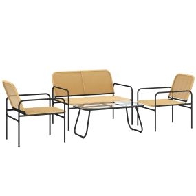 Conjunto Jardín Exterior de Ratán Conjunto Terraza Resistente a la Intemperie Muebles Jardín Exterior con 2 Sillones Sofá de 2 Plazas y Mesa de Tablero de Vidrio Templado Natural