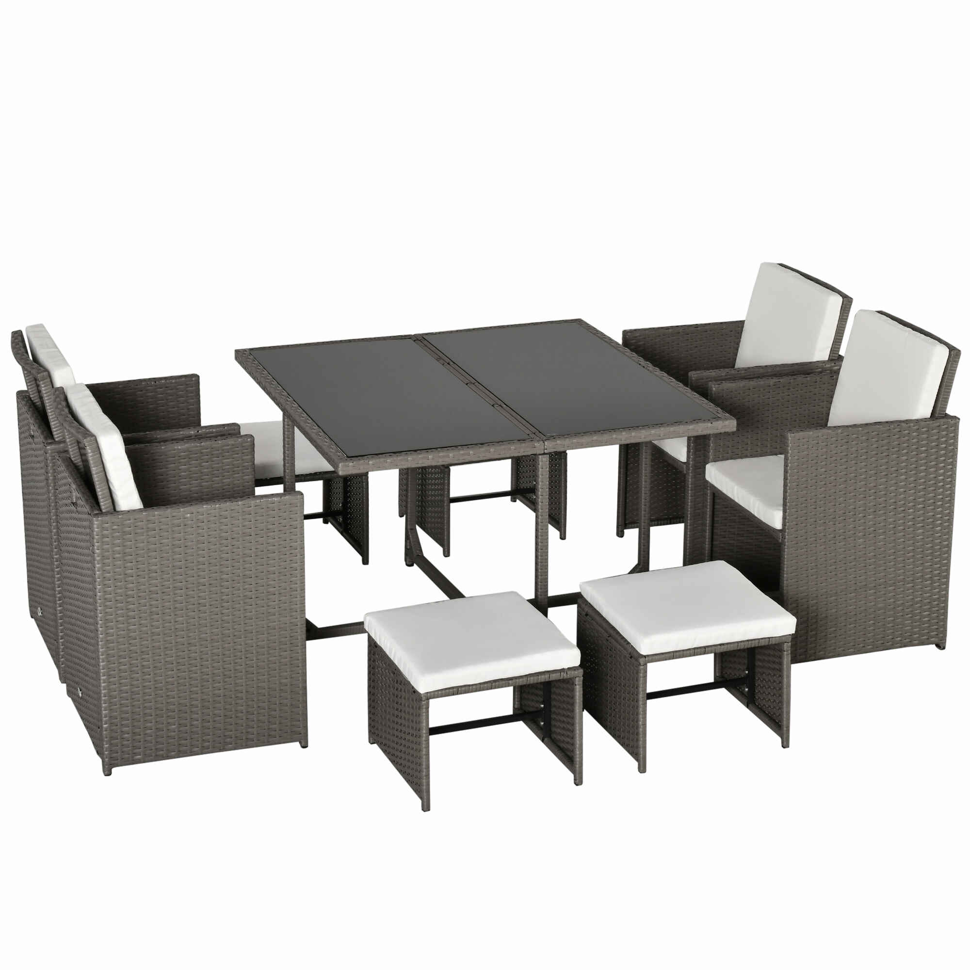 Conjunto de Muebles de Jardín 9 Piezas de Ratán para Comedor Sillas Apilables con Cojines Extraíbles Lavables Mesa de Vidrio Templado para Exterior Patio Terraza Gris