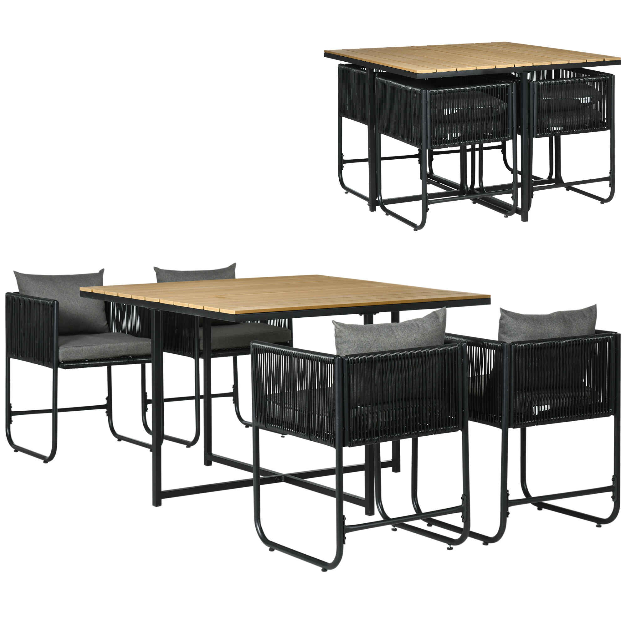 Conjunto de Jardín Exterior de Ratán Sintético Juego de Muebles de Jardín para Exterior de Ratán de 5 Piezas con Mesa Cuadrada 4 Sillas Cojines Negro y Natural