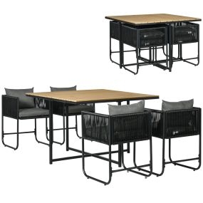 Conjunto de Jardín Exterior de Ratán Sintético Juego de Muebles de Jardín para Exterior de Ratán de 5 Piezas con Mesa Cuadrada 4 Sillas Cojines Negro y Natural