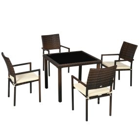 Conjunto de Muebles de Ratán Sintético Juego de Muebles de Jardín 5 Piezas Mesa de Centro con Tablero de Vidrio y 4 Sillas con Cojines para Terraza Patio Balcón Marrón