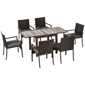 Conjunto de Muebles de Ratán Sintético de Jardín 7 Piezas Marco de Aluminio Juego de Comedor con Mesa Extensible 6 Sillas de Asientos Acolchadas para Terraza Patio Balcón Marrón