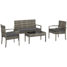 Conjunto de Jardín de Ratán Sintético Juego de 4 Piezas Muebles de Jardín con 2 Sillones 1 Sofá de 2 Plazas y 1 Mesa de Centro de Tablero de Vidrio Anti-UV para Patio Gris