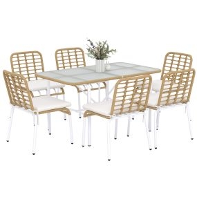 Conjunto de Jardín de Ratán Sintético Juego de Muebles de Jardín para Exterior de Ratán de 7 Piezas Incluye 6 Sillas Apilables con Cojines y Mesa de Vidrio Natural